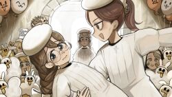  6+girls @_@ animal_ears baby_animal balloon bandaid bandaid_on_face bird blonde_hair blue_eyes bow braid brown_eyes brown_hair bunny_nun_(diva) cat chicken clumsy_nun_(diva) commentary dancing diva_(hyxpk) donut_hair_ornament duck duckling english_commentary eyelashes food-themed_hair_ornament glasses glasses_nun_(diva) grey_hair hair_bow hair_ornament hedgehog highres hungry_nun_(diva) leaf_nun_(diva) leaf_on_face little_nuns_(diva) long_hair multiple_girls nun ponytail rabbit_ears rabbit_hair_ornament robe round_eyewear scrunchie sparkling_eyes spicy_nun_(diva) traditional_nun white_bow white_robe white_scrunchie 