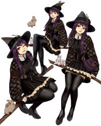 1girl bag belt black_jacket black_nails black_ribbon black_skirt black_thighhighs blush broom broom_riding buttons collar cropped_jacket crossed_legs dress fingerless_gloves fortnite full_body gigis_lab gloves hat head_tilt highres jacket knees_together_feet_apart legs legs_together lexa_(fortnite) lexa_hexbringer light_smile long_hair long_legs long_sleeves looking_at_viewer looking_to_the_side mismatched_eyebrows multiple_views nail_polish official_alternate_costume one_eye_closed pinafore_dress pleated_dress pumpkin_hat_ornament pumpkin_ornament pumpkin_print purple_bag quilted_jacket rabbit red_eyes ribbon skirt sleeveless sleeveless_dress thigh-highs white_background white_collar white_hair wing_collar witch witch_hat zettai_ryouiki 