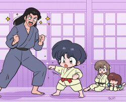  1boy 3girls black_hair brown_eyes brown_hair commentary_request dougi facial_hair father_and_child father_and_daughter indoors japanese_clothes long_hair lying mature_male multiple_girls mustache on_stomach parent_and_child purple_background ranma_1/2 siblings sisters sitting tendou_akane tendou_kasumi tendou_nabiki tendou_souun v-shaped_eyebrows wanta_(futoshi) 