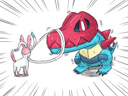  2-gou_blue blue_skin bound bound_arms clawed_feet colored_skin commentary_request feraligatr mega_feraligatr nervous_sweating pokemon pokemon_(creature) pokemon_legends:_z-a red_skin ribbon scales scared sharp_teeth simple_background spines sweat sylveon tail teeth trembling type_effectiveness white_background white_eyes 