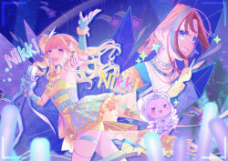  2girls armlet artist_name audience bare_shoulders belt belt_buckle black_ribbon blonde_hair blue_background blue_belt blue_boots blue_bow blue_choker blue_collar blue_eyes blue_gloves blue_ribbon blue_shirt blue_skirt boots bow bowtie braid brown_hair buckle chain chain_belt chain_necklace chest_belt choker circlet cloak collar copyright_name counterflow_concerto_(infinity_nikki) crown_braid crystal detached_collar dot_nose dress ear_covers ear_piercing earrings eyelashes feather_hair_ornament feathers fingerless_gloves floating_hair frilled_gloves frilled_skirt frills gloves glowstick gold_buckle gold_chain grin hair_ornament hair_ribbon hair_rings hand_up happy high-waist_belt high_collar high_heel_boots high_heels highres holding holding_microphone_stand hood hood_up hooded_cloak idol infinity_nikki jewelry knee_boots lace-up_boots leg_up leotard light_blush long_sidelocks looking_at_viewer microphone microphone_stand miniskirt momo_(nikki) multicolored_hair multiple_belts multiple_girls neck_ribbon necklace night nikki_(series) official_alternate_color official_alternate_costume one_side_up open_mouth outdoors penlight_(glowstick) piercing plaid_clothes plaid_dress purple_ribbon reean ribbon shirt shooting_star_(symbol) sidelocks skirt sky smile spiked_choker spikes stage star_(sky) star_(symbol) star_earrings starry_nocturne_(infinity_nikki) starry_sky strapless strapless_dress streaked_hair studded_belt teeth thigh_strap train_(clothing) tutu upper_body upper_teeth_only viewfinder watermark wavy_hair white_cloak white_leotard white_skirt yellow_bow yellow_bowtie yellow_dress yellow_eyes 
