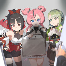  3girls anby_demara aria_(zenless_zone_zero) bangboo_(zenless_zone_zero) billy_kid black_gloves black_hair black_skirt blue_eyes colored_inner_hair commentary_request gloves green_eyes green_hair headphones jacket looking_at_viewer multicolored_hair multiple_girls nangong_yu nekomiya_mana nicole_demara open_mouth pink_hair red_eyes short_hair skirt streaked_hair sunna_(zenless_zone_zero) thigh-highs twintails uixy zenless_zone_zero 
