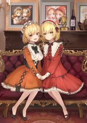  2girls aki_minoriko aki_shizuha alternate_costume annotated blonde_hair bottle commentary_request couch dress frilled_dress frilled_hairband frills hairband high_heels highres indoors long_sleeves looking_at_viewer multiple_girls on_couch orange_dress orange_hairband picture_frame puffy_long_sleeves puffy_sleeves red_dress red_eyes red_hairband shironeko_yuuki sitting touhou 