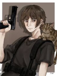  1boy animal animal_on_shoulder arm_at_side arthur_achleitner artist_name asymmetrical_sleeves bare_arms black_shirt border brown_background brown_cat brown_eyes brown_hair cat cat_on_shoulder closed_mouth collarbone commentary drop_shadow english_commentary finger_on_trigger from_side gun hand_up handgun highres holding holding_gun holding_weapon liesel_rosa looking_at_viewer male_focus outside_border photo-referenced real_life shirt short_hair short_sleeves simple_background smile solo three-quarter_sleeves true_crime uneven_sleeves upper_body weapon white_border 