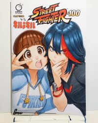  2girls black_shirt blue_eyes blue_hair blue_hoodie bracelet breasts brown_eyes brown_hair capcom closed_mouth commentary company_name copyright_name english_commentary eyes_visible_through_hair frown hair_between_eyes hair_over_one_eye hand_on_own_chin hand_up highres hood hood_down hoodie jewelry kill_la_kill light_blush lips looking_at_viewer mankanshoku_mako marker_(medium) matoi_ryuuko medium_breasts medium_hair multicolored_hair multiple_girls nose omar_dogan open_mouth photo_(medium) red_streaks shirt short_hair sidelocks signature simple_background streaked_hair street_fighter teeth tongue traditional_media two-tone_hair udon_entertainment upper_body v v_over_eye vs watch watch white_background 