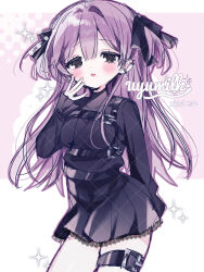  1girl :d absurdres artist_name black_dress black_eyes black_ribbon blush commentary commission cowboy_shot dot_nose double-parted_bangs dress ear_piercing hair_between_eyes hair_intakes hair_ribbon hand_up highres lace-trimmed_dress lace_trim long_hair long_sleeves looking_at_viewer open_mouth original outline piercing purple_hair purple_outline ribbon satou_uyu short_dress skeb_commission sleeves_past_wrists smile solo sparkle thigh_strap two_side_up 