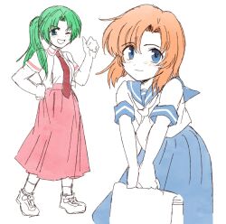  2girls ;d bag blue_eyes blue_skirt green_eyes green_hair hand_on_own_hip highres higurashi_no_naku_koro_ni holding holding_bag hswoimuxk0pwr0h_(bbdan) long_hair looking_at_viewer multiple_girls neckerchief necktie one_eye_closed open_mouth orange_hair ponytail red_necktie red_skirt ryuuguu_rena school_uniform serafuku shirt short_sleeves skirt smile sonozaki_mion thumbs_up 