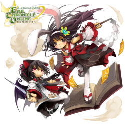  2girls animal_ears bat_wings black_eyes black_hair black_wings blush_stickers book cat_ears cat_girl cat_tail copyright_logo detached_sleeves emil_chronicle_online flower_hairband ghost_girl ghost_tail gohei hair_ribbon hairband holding holding_gohei holding_sword holding_weapon japanese_clothes kimono logo multiple_girls nekomata_kuro nontraditional_miko official_alternate_costume official_art ofuda okobo platform_sandals ponytail rabbit_ears rapier red_eyes red_kimono red_ribbon red_skirt red_sleeves ribbon sandals shugoma_mutsuki skirt sword tail thigh-highs waist_ribbon weapon white_background white_hairband white_kimono white_sleeves white_thighhighs wings 