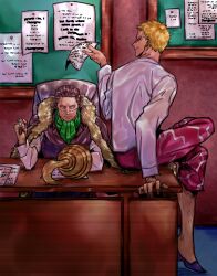  2girls ascot black_hair black_vest blonde_hair coat coat_on_shoulders crocodile_(one_piece) donquixote_doflamingo earrings full_body green_ascot hair_slicked_back highres holding holding_paper hook_hand jewelry leg_hair looking_at_another multiple_girls one_piece paper ring shiraumi8351 shirt short_hair sitting smile stitched_face stitches sunglasses vest white_shirt 