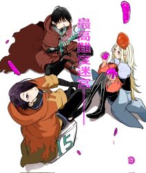  1girl 2boys androgynous armor black_boots black_gloves black_hair black_pants black_shoes black_tunic blonde_hair blue_robe blue_tunic blush boots bow cloak commentary_request earrings eating event_follow-up fish flame_print food from_above full_body full_mouth gloves gold_earrings gold_necklace grey_eyes hair_between_eyes hair_over_one_eye hat highres holding holding_food hood hooded_cloak japanese_armor jewelry jir_(my_blade_will_lead_the_way) knees_up kote lilyleah long_hair long_sleeves looking_at_another looking_at_viewer mitre multiple_boys murokouichi necklace official_art orange_cloak pants parted_bangs priestess puckered_lips red_boots red_bow red_cloak red_eyes robe saikou_nando_meikyuu_de_party_ni_okizari_ni_sareta_s-rank_kenshi_hontou_ni_mayoi_makutte_daremo_shiranai_saishinbu_e_ore_no_kan_dato_tabun_kocchi_ga_deguchi_dato_omou shoes short_hair sitting tall_hat thick_eyebrows thigh_boots tunic underbust undershirt violet_eyes white_background wide_sleeves yunis 