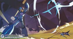  1boy android arm_cannon armor blue_armor blue_helmet firing forehead_jewel full_body helmet male_focus mega_man_(series) mega_man_x_(series) orlek solo standing weapon x_(mega_man) 