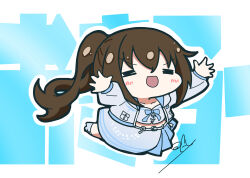  1girl blue_jacket blue_shirt blue_skirt brown_hair chibi chibi_only commentary full_body highres jacket love_live! love_live!_nijigasaki_high_school_idol_club midriff oofushi_ao open_clothes open_hands open_jacket osaka_shizuku outstretched_arms pleated_skirt ponytail shirt signature skirt solo text_background translation_request untranslatable_commentary wondermates_(love_live!) 