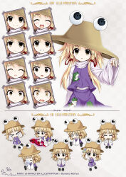  >_< 1girl @_@ angry animal_print aqua-lia artbook bad_id blonde_hair blush brown_hat bucket_hat character_name chibi closed_eyes closed_mouth cropped_torso crying english_text expressionless eye_on_hat frog_print frown full_body furrowed_brow fushigi_no_gensokyo gap_(touhou) grey_background grimace hand_up hat highres looking_ahead looking_at_viewer moriya_suwako multiple_expressions multiple_views nose_bubble official_art open_mouth page_number parted_lips portrait purple_skirt purple_vest shirt short_hair_with_long_locks sitting skirt sleeping smile solo spell_card sprite_sheet standing touhou v-shaped_eyebrows vest white_shirt wide_sleeves yellow_eyes 