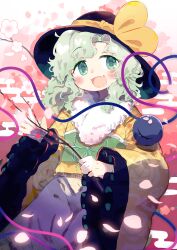  1girl absurdres alternate_costume black_hat blush bow branch cherry_blossoms commentary_request egasumi eyeball falling_petals fang frilled_sleeves frills fur-trimmed_kimono fur_trim green_eyes green_hair green_sash hat hat_bow heart heart_of_string highres holding holding_branch japanese_clothes kimono komeiji_koishi long_hair long_sleeves looking_at_viewer obi open_mouth petals pink_petals sash skin_fang smile solo third_eye toroid_(621997) touhou wide_sleeves yellow_bow yellow_kimono 