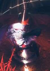  1girl absurdres arm_up ascot black_shoes black_sleeves commentary_request detached_sleeves dress fang flower frilled_dress frills from_above full_body hat highres holding holding_weapon indoors long_sleeves mobile_suit panties parted_lips pink_dress pink_hat puffy_short_sleeves puffy_sleeves purple_hair red_ascot red_eyes red_flower red_rose remilia_scarlet rose scarlet_devil_mansion shoes short_sleeves sleeves_past_wrists solo spear_the_gungnir standing throne touhou underwear wakichimiu weapon white_panties 