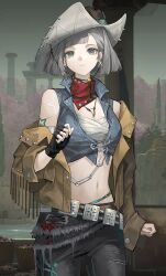 1girl absurdres alternate_costume bare_shoulders belt black_gloves blue_eyes blue_vest blunt_bangs blunt_ends bob_cut brown_hat brown_jacket chest_sarashi chinese_commentary closed_mouth commentary_request cowboy_hat cowboy_shot cropped_vest denim earrings fingerless_gloves game_screenshot_background gloves grey_hair grey_pants grey_sky hand_up hat highres hoop_earrings indoors jacket jeans jewelry looking_at_viewer mercuria_(reverse:1999) navel neckerchief pants ranla red_neckerchief reverse:1999 sarashi screenshot_background short_hair shoulder_tattoo single_fingerless_glove single_off_shoulder sky solo star_(symbol) star_tattoo stomach tattoo vest window 