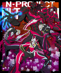  1girl 4boys absurdres alien arm_blade armor black_eyes black_skin blue_eyes breasts claw_(weapon) claws color_timer colored_skin commentary_request compound_eyes dark_faust dark_lucifer dark_mephisto dark_mephisto_zwei dark_zagi doppelganger dorsal_fin facial_mark fingernails giant giant_monster highres horns kaiju medium_breasts monster multicolored_skin multiple_boys multiple_heads muscular no_humans no_pupils open_mouth red_eyes red_skin sharp_fingernails sharp_teeth shoulder_armor shoulder_pads silver_armor silver_skin studded_armor teeth tokusatsu two-tone_armor two-tone_skin ultra_series ultraman_nexus_(series) waku-jinpei weapon wrist_blades 