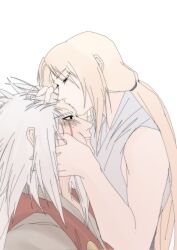  1boy 1girl blonde_hair cokiebeard commentary facial_mark highres jiraiya_(naruto) kiss kissing_forehead long_hair mature_female mature_male naruto_(series) tsunade_(naruto) whisker_markings white_hair 