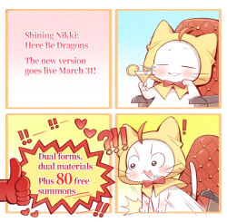  ! !! !? ^^^ animal animal_focus armchair artist_request black_eyes bow bowtie chair cloak closed_eyes closed_mouth clothed_animal cocktail_glass cup drink drinking_glass drinking_straw drooling ear_covers emphasis_lines english_text food fruit heart highres holding holding_drink hood hood_up hooded_cloak juice meme meme_request momo_(nikki) nikki_(series) no_humans official_art on_chair open_mouth orange_(fruit) orange_juice orange_slice promotional_art raised_inner_eyebrows red_bow red_bowtie second-party_source sequential shining_nikki sitting smile thumbs_up traditional_bowtie v-shaped_eyebrows wide-eyed yellow_cloak 