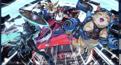  2boys 3girls anran_(overwatch) black_hair black_pants blue_pants blue_shirt cannon car chain flying fox_headband goggles green_eyes green_hair hand_fan holding holding_fan holding_staff japanese_clothes jetpack jetpack_cat_(overwatch) kappa_costume karakasa_obake kasa_(hat) kiriko_(overwatch) leggings magic miko mizuki_(overwatch) mizukischains motor_vehicle multiple_boys multiple_girls orange_fur orange_shirt orange_shorts pants payload_cart ponytail red_leggings red_shoes shirt shoes shorts staff torii umbrella whiskers white_shirt wuyang_(overwatch) 