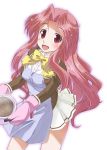  :d apron character_request cooking_pot copyright_request holding long_hair mittens open_mouth osamada_meika pink_hair red_eyes rokudouji_amane simple_background skirt smile solo tama_hime white_background 