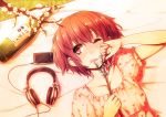  :q bottle cellphone digital_media_player from_above headphones headphones_removed iphone lying nuko-d on_back original petals phone plum_blossoms red red_hair redhead sake_bottle short_hair solo tongue tongue_out wine wink 