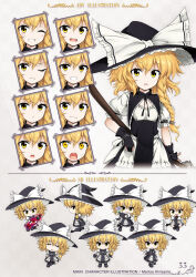  1girl :3 apron aqua-lia artbook bad_id black_gloves black_hat blonde_hair bow braid broom character_name chibi closed_eyes closed_mouth collared_shirt cropped_torso english_text frown full_body furrowed_brow fushigi_no_gensokyo gap_(touhou) gloves grey_background grimace grin hat hat_bow highres holding holding_broom kirisame_marisa looking_ahead looking_at_viewer multiple_expressions multiple_views official_art one_eye_closed open_mouth page_number parted_lips partially_fingerless_gloves portrait puffy_short_sleeves puffy_sleeves shirt short_sleeves single_braid sitting sleeping smile solo spell_card sprite_sheet standing straight-on surprised touhou v-shaped_eyebrows waist_apron white_bow white_shirt witch_hat yellow_eyes 