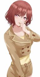  1girl blush brown_hair commentary_request dars_(recolors) eating highres higuchi_madoka idolmaster idolmaster_shiny_colors jacket looking_at_viewer mole mole_under_eye short_hair shorts simple_background standing violet_eyes white_background 