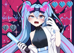 1girl \||/ absurdres belt black-framed_eyewear black_sweater blue_belt blue_eyes blue_hair blue_skirt blush breasts broken_heart collarbone commentary_request covered_collarbone crack crossed_bangs crying crying_with_eyes_open double-parted_bangs eyelashes eyes_visible_through_hair gloves goggles goggles_on_head haembokeyo hair_between_eyes half-closed_eye hands_up hatsune_miku heart highres holding holding_walkie-talkie jacket jacket_partially_removed jigen_tsuushin_(vocaloid) lapels leaning_to_the_side long_hair looking_at_viewer medium_breasts open_clothes open_jacket open_mouth outside_border pillarboxed pink-tinted_eyewear pink_background pixel_art_inset rectangular_eyewear simple_background single_bare_shoulder skirt sleeveless sleeveless_sweater sleeveless_turtleneck solo straight-on streaming_tears sweater tears teeth three-quarter_sleeves tinted_eyewear traffic_baton transmission_tower tsurime turtleneck turtleneck_sweater twintails uneven_eyes upper_body v-shaped_eyebrows very_long_hair vocaloid walkie-talkie white_gloves white_jacket wide_sleeves 