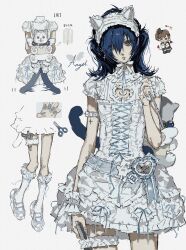  1girl absurdres animal_ears arm_strap backpack bag belt blue_belt blue_eyes blue_hair blue_nails blue_ribbon blue_shoes brooch cat_ears cat_girl cat_tail chibi chibi_inset chinese_commentary chinstrap clothing_cutout commentary_request cowboy_shot cross cross-laced_clothes cross-laced_dress dog dress eyes_visible_through_hair fake_animal_ears fashion fingerless_gloves frilled_dress frills genderswap genderswap_(mtf) gloves gun hair_over_one_eye hairband handgun head_tilt heart heart_brooch heart_cutout highres holster jewelry jing_zhi_kaoxiang_yu_re_zhong lolita_fashion lolita_hairband looking_at_viewer multiple_views persona persona_3 persona_3_portable ribbon shiomi_kotone shoes short_sleeves simple_background single_fingerless_glove single_wrist_cuff socks tail thigh_holster thigh_strap two_side_up weapon white_background white_dress white_gloves white_socks white_wrist_cuffs wrist_cuffs yuuki_makoto_(persona_3) 
