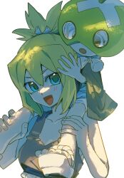  2girls :d blonde_hair blue_eyes blush breasts carrying child collarbone dr._stone green_eyes hair_between_eyes highres hinapgjh kohaku_(dr._stone) looking_at_viewer medium_breasts multiple_girls ninja open_mouth piggyback ponytail rope_belt sandals short_hair short_ponytail shoulder_carry simple_background smile suika_(dr.stone) tabi upper_body white_background zouri 