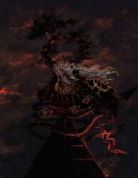  1boy demon_horns demon_tail expressionless floating_hair full_body hagoromo hair_over_one_eye hand_on_own_cheek hand_on_own_face head_on_hand head_rest highres holding holding_polearm holding_weapon horns imu_(one_piece) long_hair looking_at_viewer male_focus naginata on_rooftop one_piece polearm red_eyes s7s_h shawl skin-covered_horns skull_ornament solo spoilers squatting tail very_long_hair very_long_tail weapon white_hair 