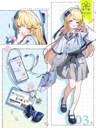  +++ 1girl :d absurdres ahoge alternate_costume bag beret blonde_hair blue_bow blue_necktie blue_shoes bow briefcase capelet cellphone character_name chat_log collared_shirt commentary_request crying_emoji emoji footwear_bow grey_skirt grin hair_bow hair_ornament hat heart highres holding holding_bag hololive hololive_dev_is id_card long_hair looking_at_viewer marimo_ke multiple_views musical_note musical_note_hair_ornament necktie one_side_up open_mouth otonose_kanade petals phone pixel_heart pointing pointing_at_viewer shirt shoes skirt smartphone smile socks squiggle translation_request white_bag white_capelet white_hat white_shirt white_socks 