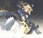  armor armored_dress blonde_hair excalibur fate/stay_night fate/zero fate_(series) gauntlets glowing glowing_weapon green_eyes hair_ribbon light_particles open_mouth puffy_sleeves ribbon saber sharakuryousuke shouting solo sword weapon 