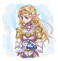  1girl armor blonde_hair blue_background blue_eyes breasts circlet dress earrings elbow_gloves floating_hair gloves gucandiyi52092 holding holding_instrument instrument jewelry long_hair looking_to_the_side nintendo ocarina parted_lips pauldrons pink_dress pointy_ears princess_zelda sad shoulder_armor sidelocks solo the_legend_of_zelda the_legend_of_zelda:_ocarina_of_time tiara triforce upper_body white_gloves 