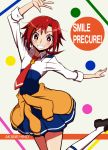  arm_up blush character_name grin hair_ornament hairclip hino_akane loafers necktie precure red_eyes red_hair redhead school_uniform shirono shoes short_hair sleeves_rolled_up smile smile_precure! solo sweater_around_waist title_drop 