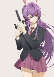  1girl absurdres animal_ears black_jacket blazer breasts closed_mouth collared_shirt commentary crescent crescent_pin finger_gun grey_background highres jacket large_breasts long_hair long_sleeves necktie pink_skirt pleated_skirt purple_hair rabbit_ears red_eyes red_necktie reisen_udongein_inaba shimiya_jin shirt simple_background skirt smile solo suppressor touhou untranslatable_commentary very_long_hair white_shirt 