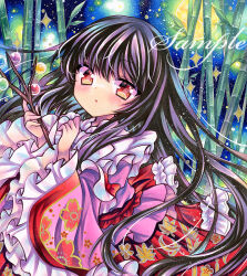  1girl bamboo black_hair branch commentary_request floral_print frilled_sleeves frills houraisan_kaguya jeweled_branch_of_hourai long_hair long_sleeves looking_at_viewer marker_(medium) pink_shirt print_shirt red_eyes red_skirt rui_(sugar3) shirt skirt solo touhou traditional_media very_long_hair wide_sleeves 