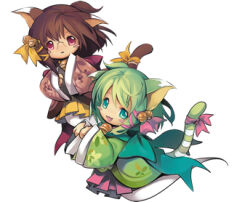  2girls animal_ears bell blush_stickers brown_eyes brown_hair brown_scarf brown_shirt brown_tail cat_ears cat_girl cat_tail emil_chronicle_online ghost_girl ghost_tail glasses green_eyes green_hair green_scarf green_shirt green_tail hair_bell hair_ornament hair_ribbon lowres multiple_girls neck_bell nekomata_kurumi_&amp;_wakana official_art pink_ribbon pink_skirt pleated_skirt ribbon scarf shirt siblings skirt striped_tail tail tail_ornament tail_ribbon twins two-tone_tail white_background white_tail yellow_ribbon yellow_skirt 