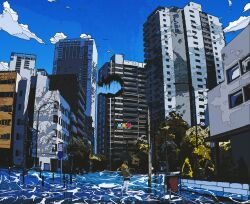  1girl absurdres black_skirt blue_sky brown_hair brown_jacket building censored censored_identity cityscape colored_skin commentary_request crosswalk damaged day flood grey_skin hand_in_pocket highres jacket lamppost ligne_claire miniskirt original outdoors road_sign scarf scenery short_hair sign skirt sky skyscraper solo speed_limit_sign traffic_light tree wading walts_p. water wide_shot yellow_scarf 