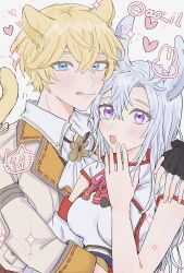  1boy 1girl ao_(s_12el) armor blonde_hair blue_eyes couple hair_between_eyes hetero highres japanese_armor japanese_clothes kaguya_(rune_factory) long_hair looking_at_viewer mauro_(rune_factory) open_mouth red_rope rope rune_factory rune_factory:_guardians_of_azuma smile upper_body violet_eyes 