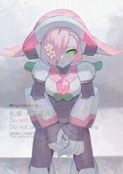  1other alternate_color chest_jewel green_eyes hair_over_one_eye lumine_(mega_man) mega_man_(series) mega_man_x_(series) pink_hair sitting solo watermark yamanashi_taiki 