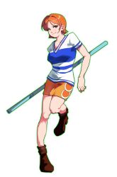  1girl absurdres boots breasts brown_boots brown_eyes clima-tact closed_mouth commentary full_body highres holding holding_staff knees looking_at_viewer miniskirt nami_(one_piece) one_piece oottdddd orange_hair shirt short_hair short_sleeves skirt solo staff standing standing_on_one_leg v-neck white_background white_shirt yellow_skirt 