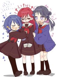  >_< +++ 3girls :3 :d anger_vein beamed_eighth_notes black_hair black_pantyhose black_shoes black_socks blue_hair blush brown_dress cardigan closed_eyes col_person colored_inner_hair commentary double_bun dress fang full_body hair_bun hair_ornament hand_on_another's_arm hasu_no_sora_school_uniform heart highres kinjou_maika link!_like!_love_live! loafers long_hair long_sleeves looking_at_another love_live! multicolored_hair multiple_girls musical_note neckerchief nervous_sweating open_mouth pantyhose pink_hair pleated_dress purple_cardigan red_hair red_neckerchief reizawa_aoi sailor_collar sailor_dress school_uniform shaded_face shirin_mion shoes shout_lines skin_fang smile socks sparkle sweat twintails untranslatable_commentary violet_eyes virtual_youtuber white_sailor_collar winter_uniform x3 xd 