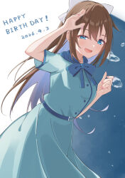  1girl arm_up blue_bow blue_dress blue_eyes blush bow brown_hair commentary_request dated dress hair_between_eyes hair_bow happy_birthday highres long_hair looking_at_viewer love_live! love_live!_nijigasaki_high_school_idol_club open_mouth osaka_shizuku riosu short_sleeves sidelocks smile solo uneven_eyes white_bow 