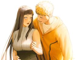  1boy 1girl black_hair blonde_hair blush couple highres hyuuga_hinata jacket looking_at_another moroheiheiya naruto:_the_last naruto_(series) spiky_hair uzumaki_naruto zipper_pull_tab 
