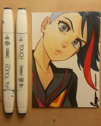  1girl alternate_hairstyle asymmetrical_hair blue_eyes blue_hair blue_shirt closed_mouth collarbone commentary commissioner_name english_commentary eyelashes highres kill_la_kill lips looking_to_the_side marker_(medium) matoi_ryuuko medium_hair multicolored_hair nose omar_dogan paid_reward_available photo_(medium) portrait red_streaks sailor_collar sailor_shirt senketsu shirt sidecut signature simple_background solo streaked_hair tomboy traditional_media undercut white_background 