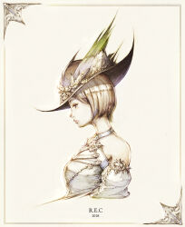  1girl bicorne black_hat blonde_hair border breasts closed_mouth cropped_torso detached_sleeves from_side hat kurasuta looking_ahead medium_breasts muted_color original ornate_border short_hair simple_background solo strapless upper_body white_background 