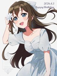  1girl absurdres birthday blue_dress blue_eyes blush breasts brown_hair collarbone commentary dated dress flower hair_flower hair_ornament hair_ribbon half_updo happy_birthday highres kyaku_tasu long_hair looking_at_viewer love_live! love_live!_nijigasaki_high_school_idol_club medium_breasts osaka_shizuku ribbon sidelocks solo white_background 
