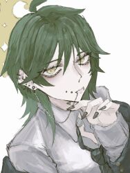  1girl black_nails blue_archive blush commentary_request face_piercing fuyu_(blue_archive) green_hair halo highres lip_piercing long_hair looking_at_viewer necktie off_shoulder ogawa_(user_cnfd3434) parted_lips piercing simple_background solo white_background wolf_cut yellow_eyes 